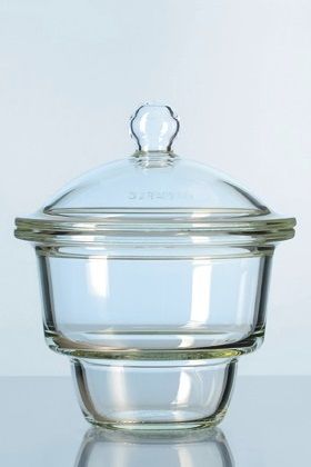 Desiccator with glass knobbed lid, and flat flange, made by Duran