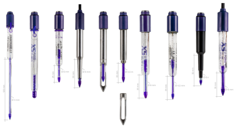 Laboratory electrodes for use in the food industry, from left to right: Zavatrode, Food, Food Slim, 2 Pore Steel T, 2 Pore K complete, 2 Pore K without blade, 2 Pore, 2 Pore Slim, 2 Pore F, 2 Pore T