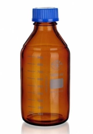 Brown laboratory bottle with blue cap, Simax