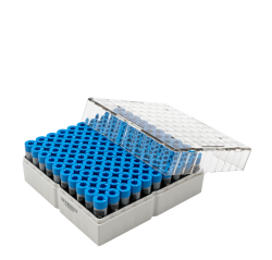 Kriocső tartó doboz, átlátszó tetővel, 2D kódolású csövekhez