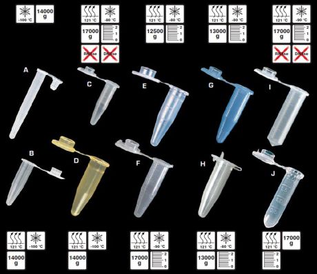 Eppendorf tubes with pierceable caps, in several colors and sizes