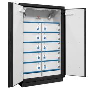 795+NLI2AC10 Biztonsági szekrény lítium akkumulátorok tárolásához, 2 ajtós, fekete, 10 zárható rekeszes, 2 tűzoltóval és 2 kármentővel, 1950 x 1137 x 620 mm