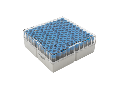 Kriocső tartó doboz, átlátszó tetővel, 2D kódolású csövekhez