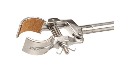 Flask holder without bosshead, made of steel, with a circular, cork-covered grip