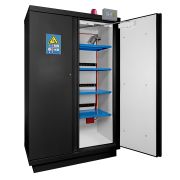 Biztonsági szekrény lítium akkumulátorok tárolásához és töltéséhez, fekete, 90 perces, 2 ajtós, polccal, tűzoltóval, füstérzékelővel, hang- és vizuális jelzéssel, 1950 x 1137 x 620 mm